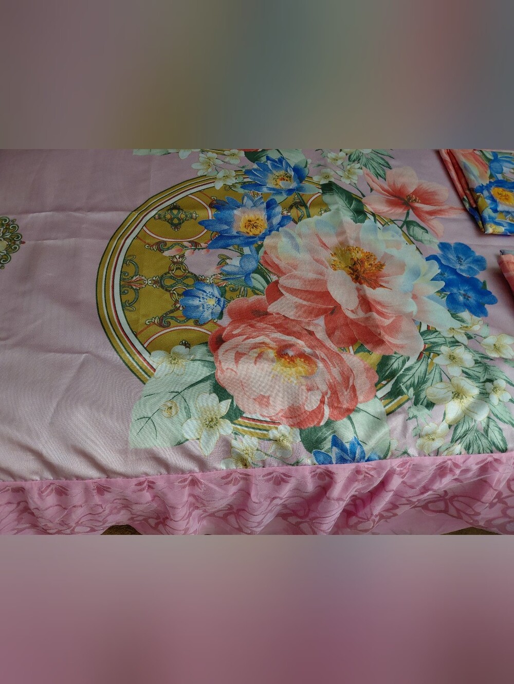 Queen Satin Floral Pink Bedding Duvet Cover And 2 Shams